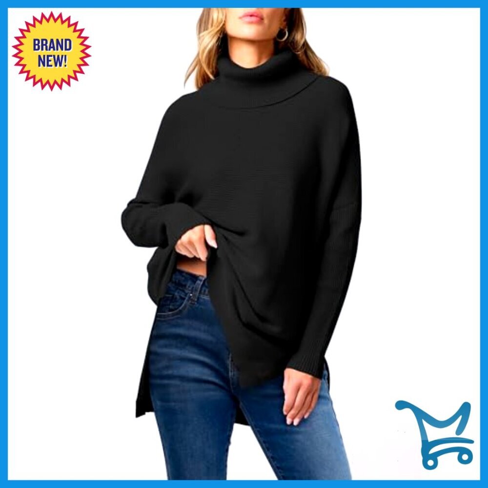 Oversized Turtleneck Batwing Sleeve Split Hem Knit Pullover Sweater - Picture 6 of 7